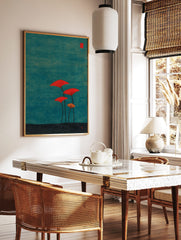 Stylised red and orange fan-shaped mushrooms on long stems against a textured teal background with, in a styled room mockup