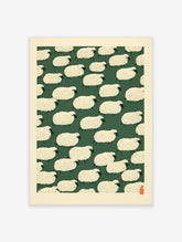 Repeating pattern of stylised cream sheep on a dark green background with a red seal in the corner, illustrative wall art