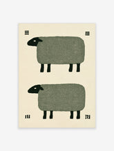 Minimalist art print of two stylized sheep with green bodies and black heads on a cream background