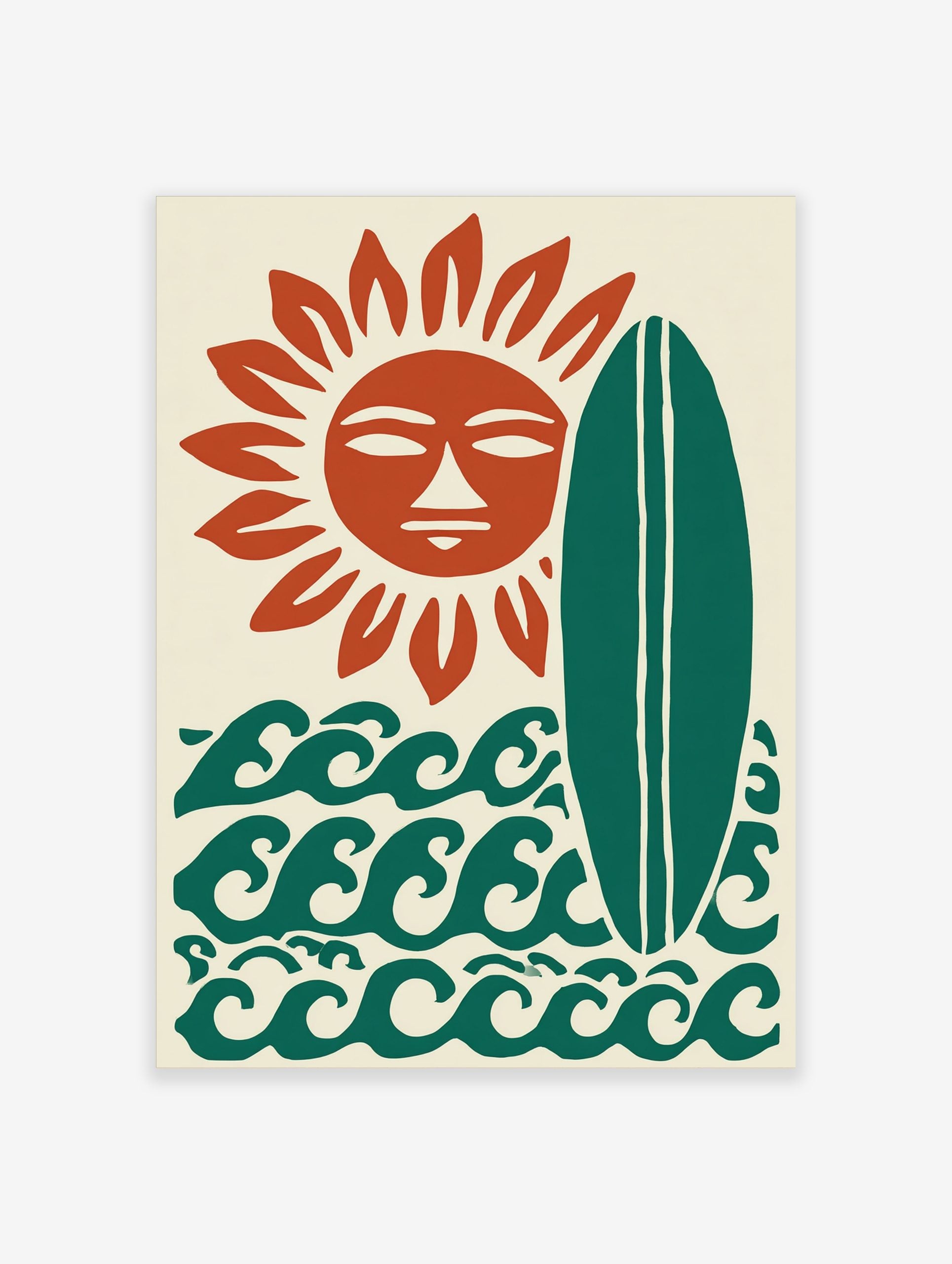Stylised sun with a face, green surfboard, and ocean waves on a cream background art print