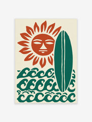 Stylised sun with a face, green surfboard, and ocean waves on a cream background art print