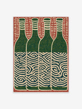 Four stylised dark green wine bottles with blue wave labels on a textured red background woodcut print