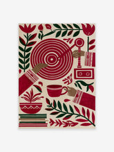 Stylized folk art print featuring hands, a red target, cassette recorder, teacup, and botanical leaves on cream background
