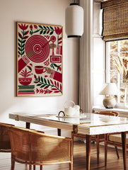 Stylized folk art print featuring hands, a red target, cassette recorder, teacup, and botanical, in a styled room mockup