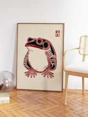Stylized red and black frog illustration art print on a light beige textured paper background with a red square stamp in the top right. - Image 2