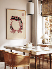 Stylized red and black frog illustration art print on a light beige textured paper background with a red square stamp in the top right. - Image 3