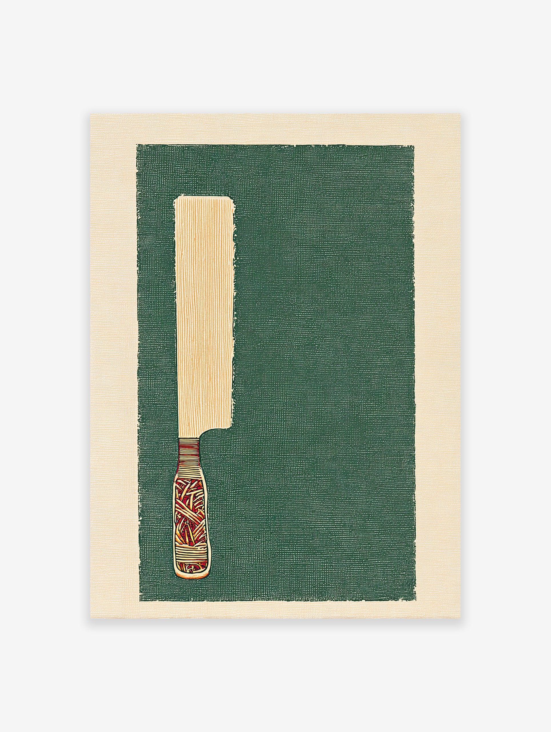 Stylized knife art print with a wooden blade and colorful wrapped handle on a dark green textured background with a light border.
