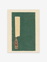 Stylized knife art print with a wooden blade and colorful wrapped handle on a dark green textured background with a light border.