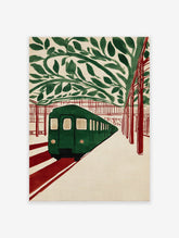 Green subway train at a station with red tracks and green leaves overhead, in an illustrative subway art print style.