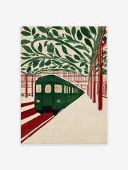 Green subway train at a station with red tracks and green leaves overhead, in an illustrative subway art print style.