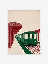Stylized green subway train at a station with red pillars and tracks, minimalist urban transportation art print.