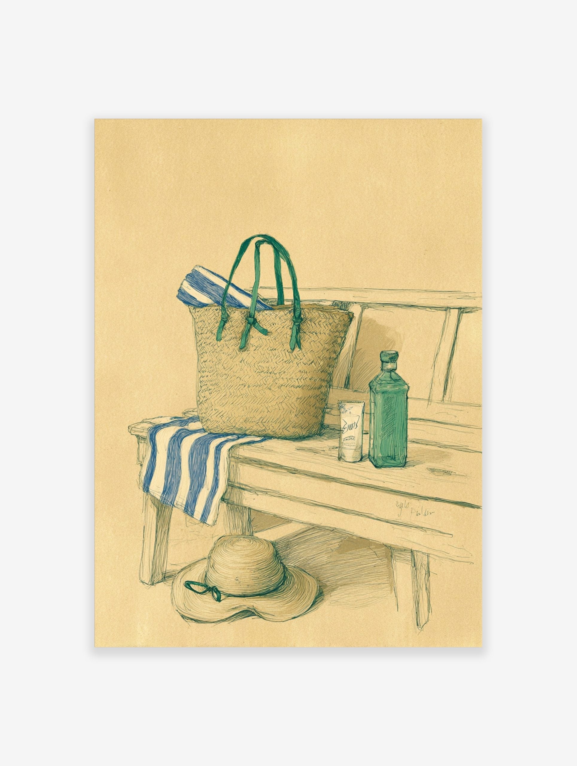 Illustrated still life of a straw beach bag, blue striped towel, and sun hat on a wooden bench