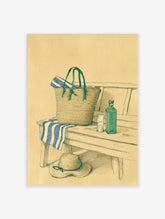 Illustrated still life of a straw beach bag, blue striped towel, and sun hat on a wooden bench