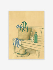 Illustrated still life of a straw beach bag, blue striped towel, and sun hat on a wooden bench