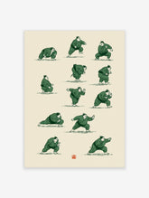 Sumo wrestler poses illustration print with twelve figures in green robes on cream background