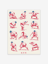 Sumo wrestler poses wall art, red ink figures with blue topknots on white background, illustration print