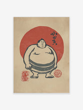 Sumo wrestler poster with red sun, black kanji text, and red seals in ukiyo-e style