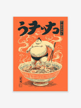 Japanese illustrative print of a sumo wrestler standing in a large ramen bowl with chopsticks, orange background