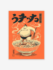 Japanese illustrative print of a sumo wrestler standing in a large ramen bowl with chopsticks, orange background