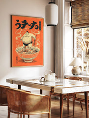 Japanese illustrative print of a sumo wrestler standing in a large ramen bowl with chopsticks, in a styled room mockup
