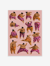Sumo wrestlers in pink and orange floral trousers, dynamic poses, on pink background, paper print