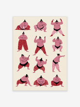 Sumo wrestler illustration print with twelve pink figures in varied poses on cream background