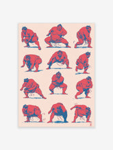 Sumo wrestler wall art, twelve red figures with blue shading in dynamic poses on cream background