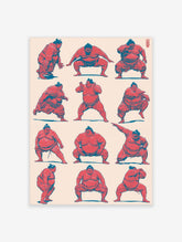 Sumo wrestlers illustration in red and blue on cream background, twelve poses grid