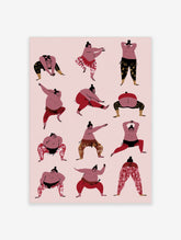 Illustration of twelve sumo wrestlers in various poses on pink background, wearing patterned mawashi
