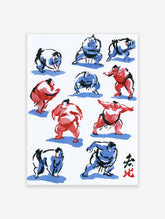 Sumo wrestlers in red and blue ink with blue shadows, Japanese style art print
