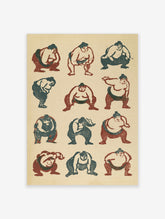 Grid of twelve sumo wrestlers in red and blue on beige background, Japanese woodblock style print