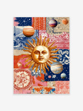 Golden sun with a face and planets on a collage of blue, red, and cream vintage patterns