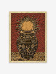 Red and gold cultural Sun & Pot block print poster with intricate patterns and sun rays radiating from behind the pot.