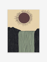 Minimalist art print of a dark brown sun above black cliffs and a light green waterfall with vertical lines