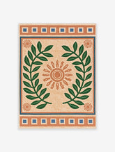 Sun and laurel wreath poster with terracotta sun, green leaves, and blue geometric borders on beige