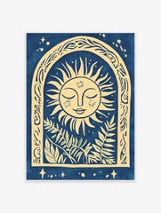 Illustrative sun face with closed eyes in an ornate arch with botanical leaves, blue and beige palette