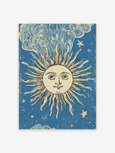 Vintage Sun Face Poster with celestial rays, human features, stylized clouds, and stars on a distressed blue background.