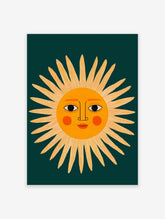 Illustrative sun face wall art print with orange sun and dark teal background