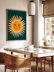 Illustrative sun face wall art print with orange sun and dark teal background, shown as a styled poster mockup for home decor
