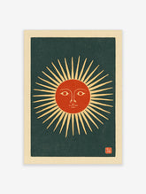 Stylised sun face with radiating beams and a red centre on a dark background, in a vintage illustrative art style