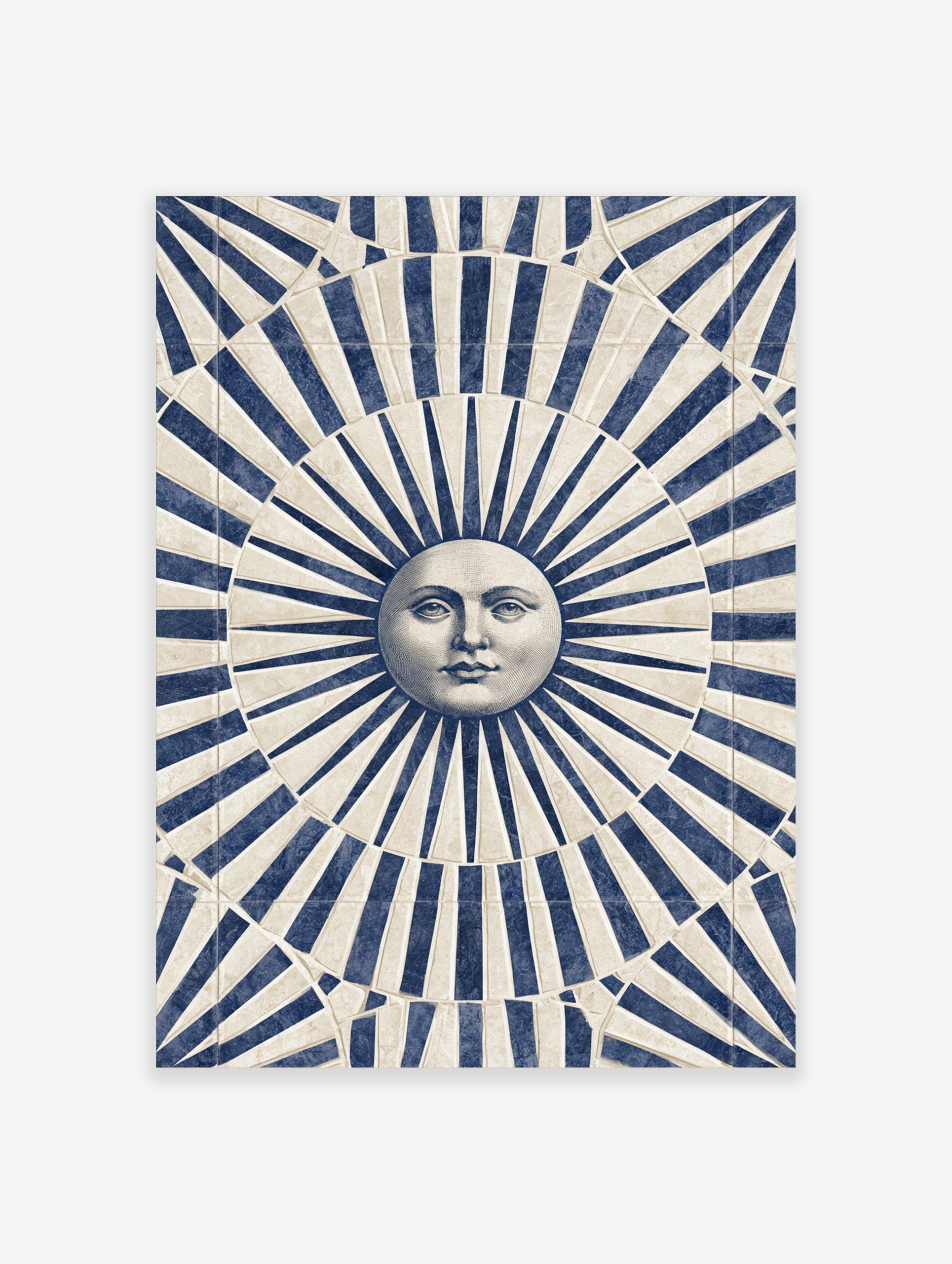 Classical sun face illustration with blue and beige radiating stripes art print