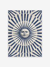 Classical sun face illustration with blue and beige radiating stripes art print