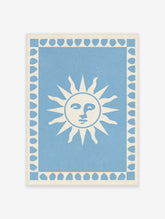 Stylized sun face illustration with a leaf border on a light blue background, art print
