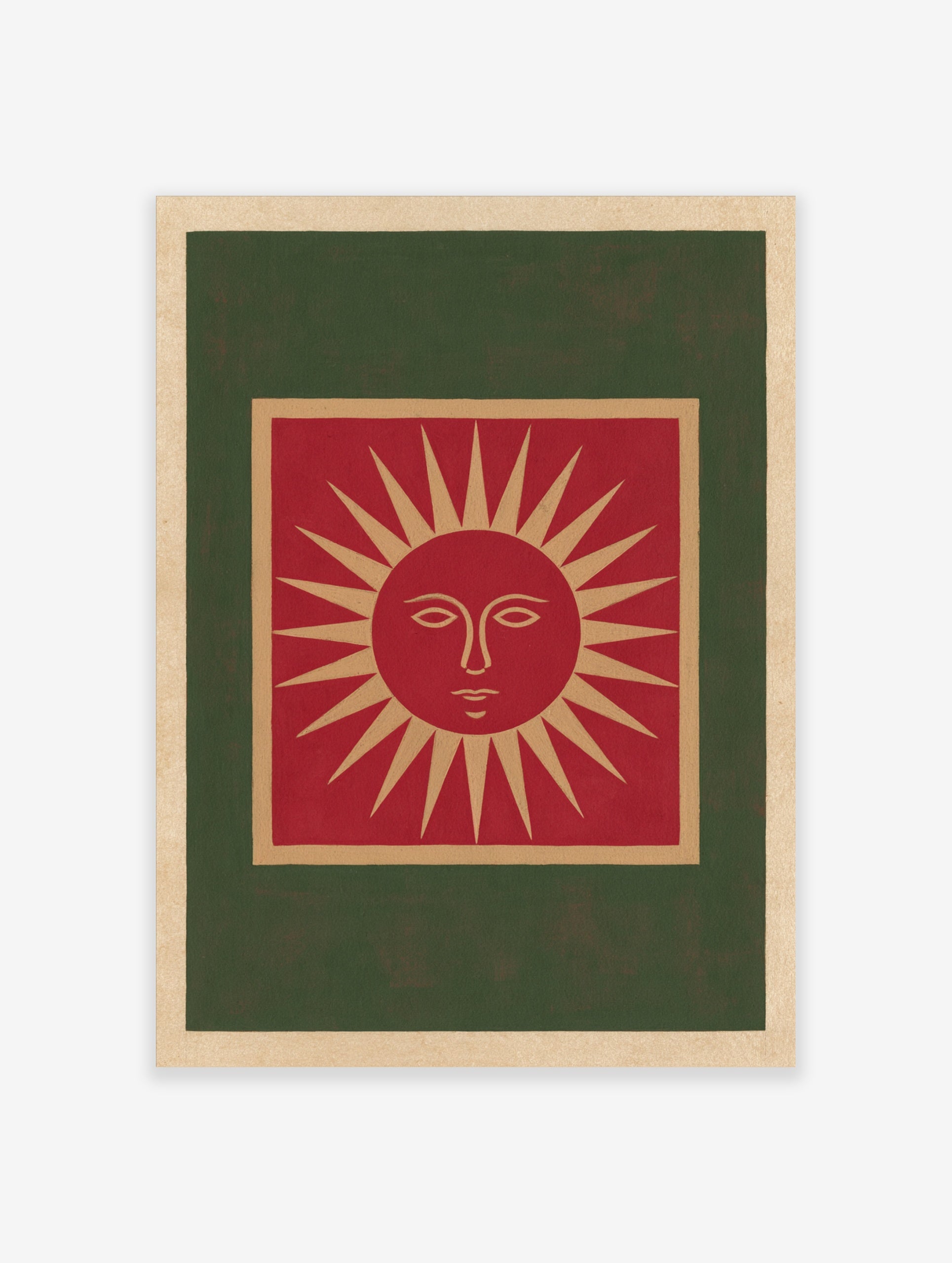 Illustrative red sun face wall art print with tan and green borders on a cream background
