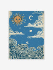 Sun Moon Ocean poster featuring a vintage illustration of a sun with a face, crescent moon, clouds, and ocean waves.