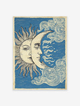 Vintage Sun Moon poster illustration with celestial faces and swirling clouds on a blue background, spiritual sky art.