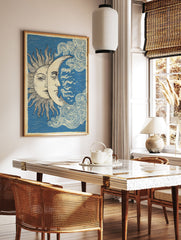 Vintage Sun Moon poster illustration with celestial faces and swirling clouds on a blue background, spiritual sky art. - Image 2