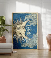 Vintage Sun Moon poster illustration with celestial faces and swirling clouds on a blue background, spiritual sky art. - Image 3