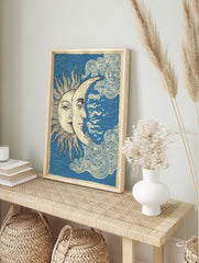 Vintage Sun Moon poster illustration with celestial faces and swirling clouds on a blue background, spiritual sky art. - Image 4
