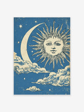 Vintage Sun Moon Poster with an illustrated sun face, crescent moon, clouds, and stars on a distressed blue background.